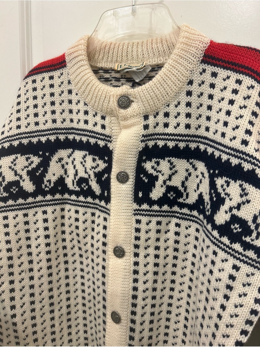 L.L. Bean Ivory Knit Cardigan with Navy Bear Motif and Red Accents - Picture 2 of 8